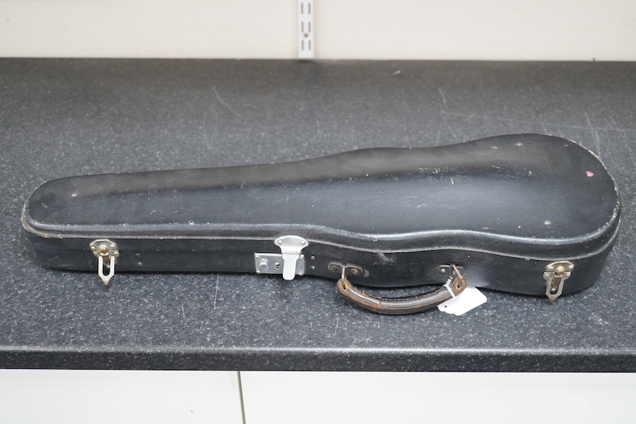 Three violins; a 3/4 Czech, a 1/2 size German and a 1/4 size Czech, all cased. Condition - fair to good